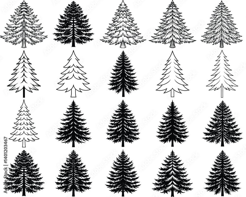 Obraz premium Pine tree silhouette vector illustration isolated on white background.