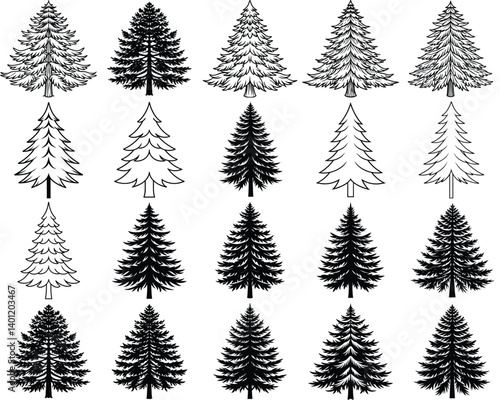 Pine tree silhouette vector illustration isolated on white background.