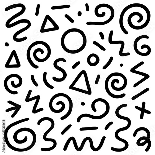 Hand-drawn black doodle pattern featuring spirals, triangles, squiggles, and geometric shapes on a clean white background. Vector illustration