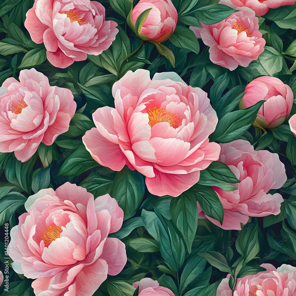 Fototapeta premium Lush Pink Peony Floral Pattern with Green Leaves and Textures