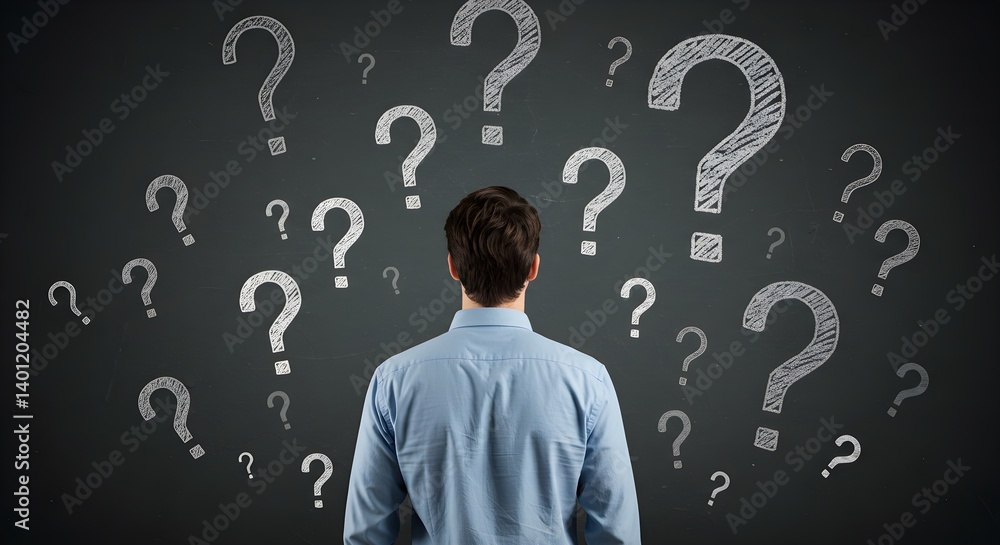Back view of thoughtful young european male with chalk drawn question marks on blackboard background. Solution, education and knowledge concept. Back view of thoughtful young european male with chalk drawn question marks on blackboard background. Solution, education and knowledge concept.