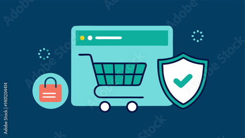 Guarding the Shopping Cart An illustration of a shopping cart surrounded by a digital shield symbolizing AI protection against fraud as an online shopper browses the site.