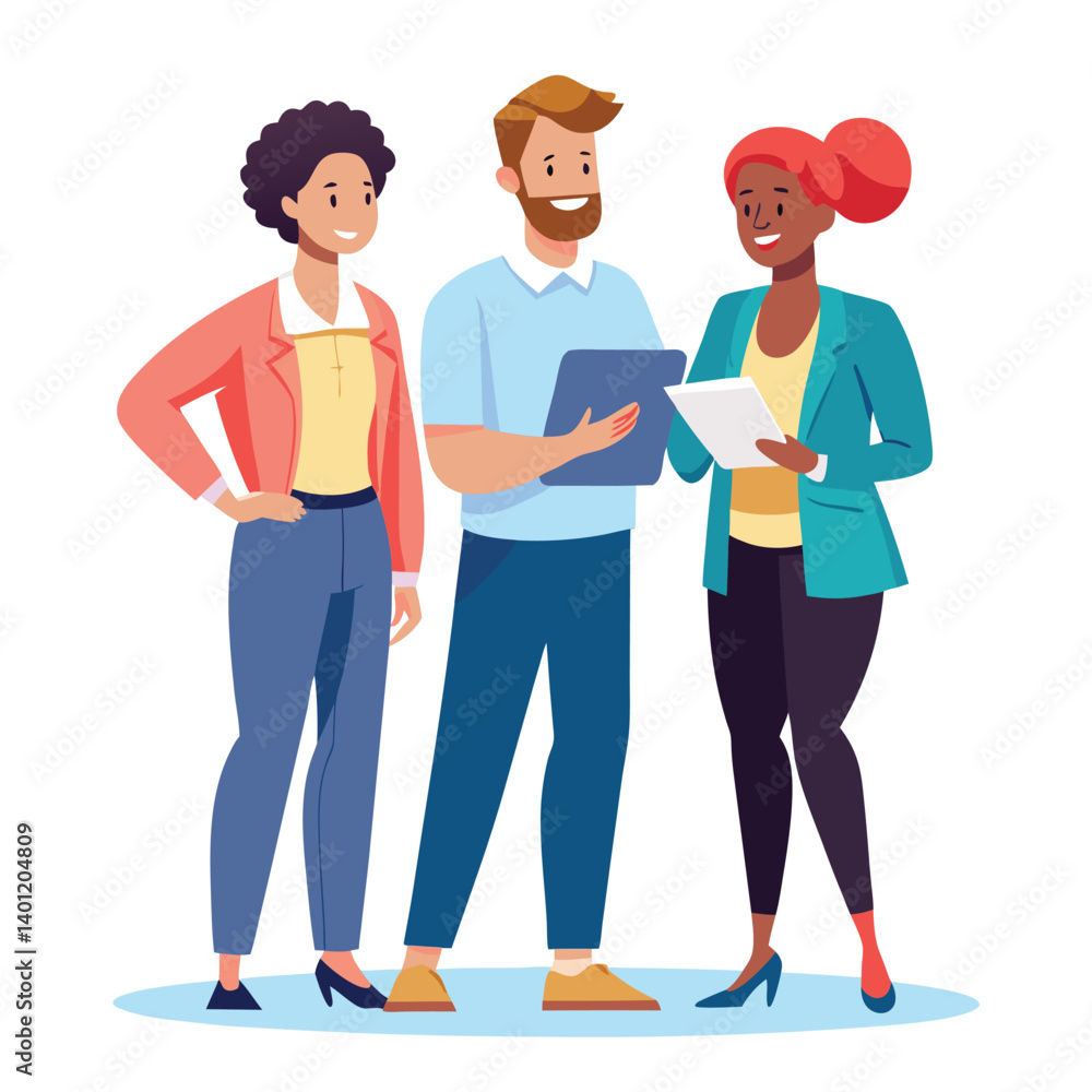 Obraz premium three-diverse-business-partners-standing-and-discus vector image on white background