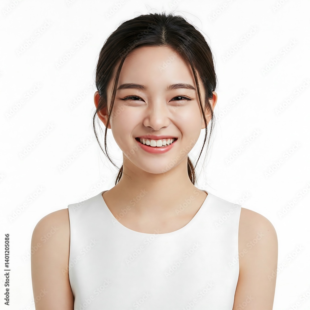 Cheerful Asian Woman Portrait: Bright Smile and Youthful Appearance - Close-up Studio Shot Cheerful Asian Woman Portrait: Bright Smile and Youthful Appearance - Close-up Studio Shot