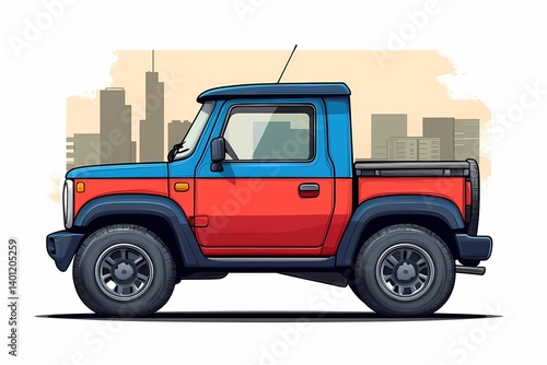 Modern Cityscape Cartoon Illustration of Off-Road Red and Blue SUVs - Auto Transport Vehicles in Urban Adventure Style