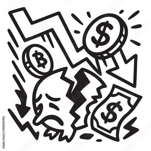 Economic crash concept with broken chart and sad face