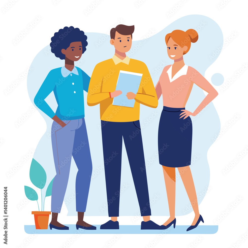 Obraz premium three-diverse-business-partners-standing-and-discus vector image on white background