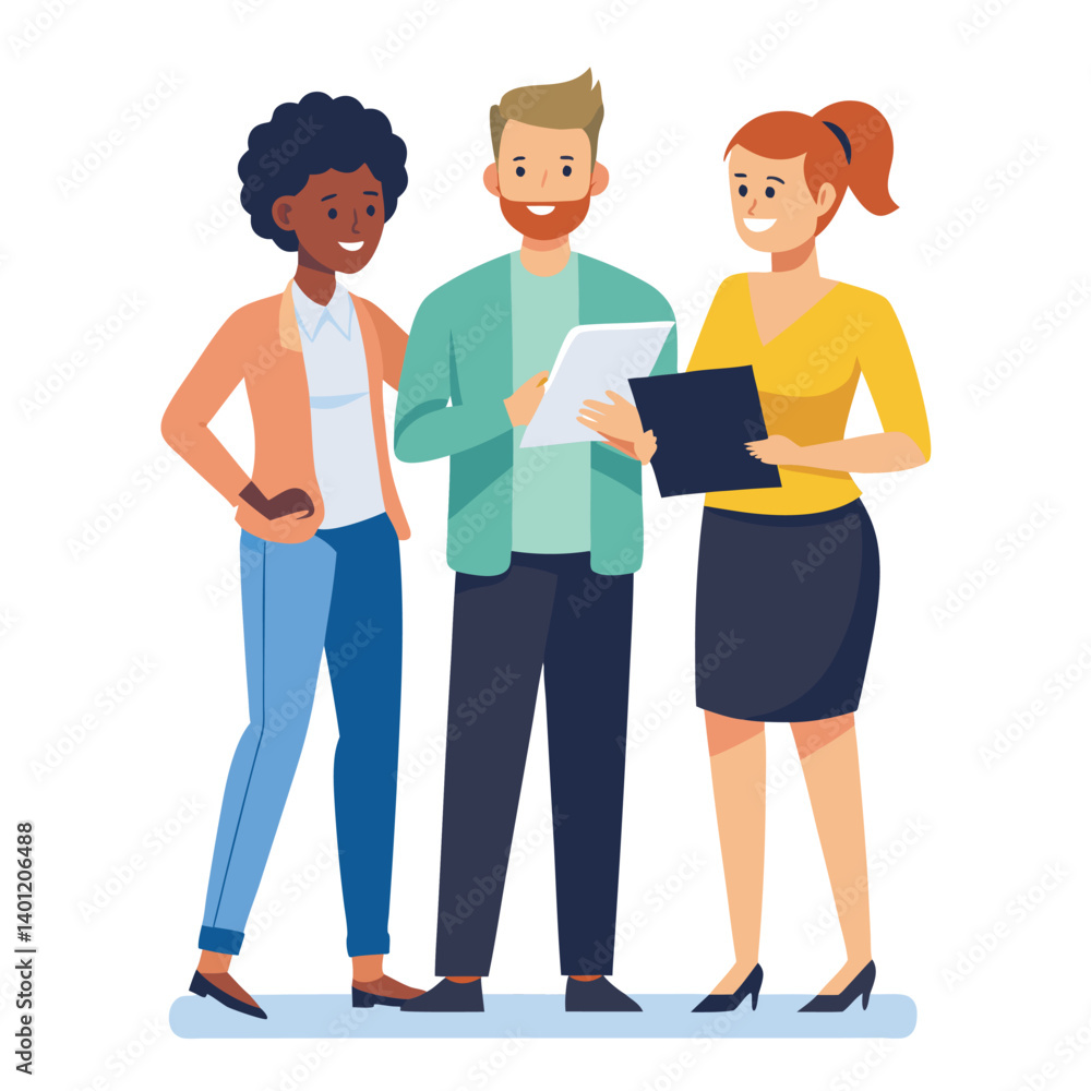 three-diverse-business-partners-standing-and-discus vector image on white background three-diverse-business-partners-standing-and-discus vector image on white background