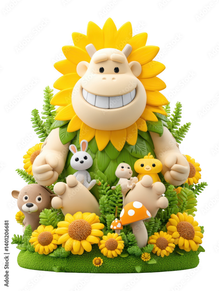 Fototapeta premium 3D Cartoon Illustration of a Nature's Joy Giant Smiling in a Field of Sunflowers, Isolated on Transparent Background