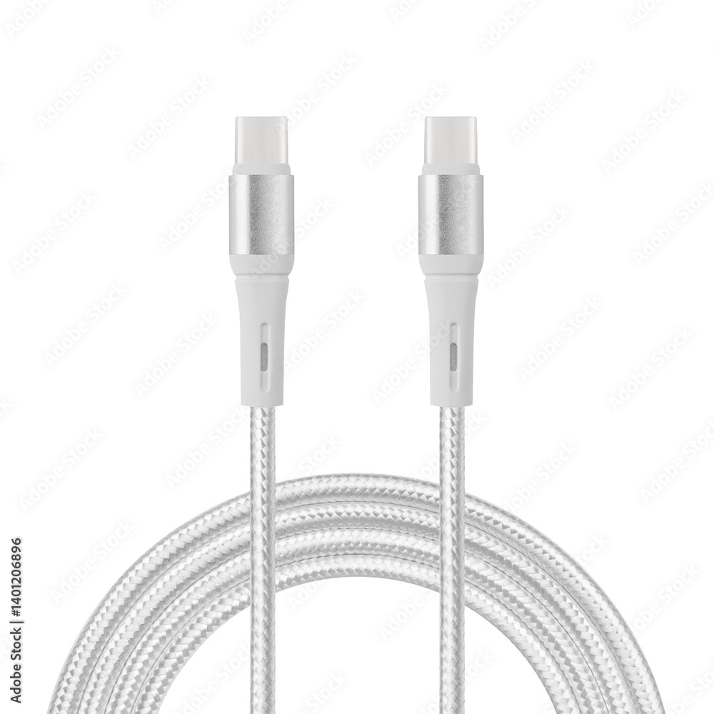 white cable for charging and synchronization with Type – C and Type – C connectors on a white isolated background close-up