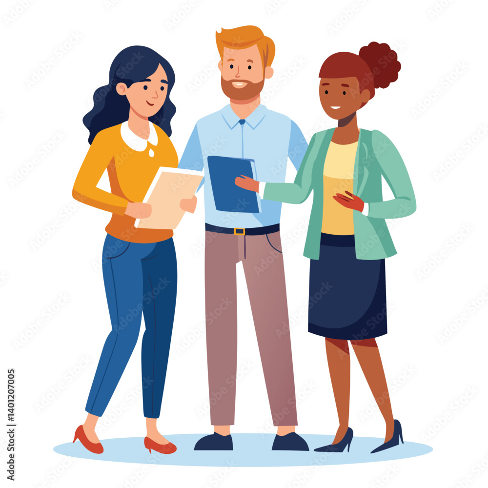 three-diverse-business-partners-standing-and-discus vector image on white background three-diverse-business-partners-standing-and-discus vector image on white background