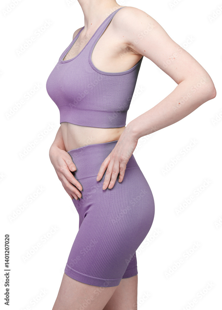 Detailed view of grey ribbed high-waisted shorts on a woman's lower body. The ribbed knit texture and high-waisted design are clearly visible. Studio lighting, white background.