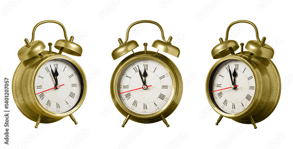 set collection retro clock, watch, pointer clock, Yellow color alarm clock on isolated white background close up