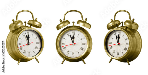 Obraz na płótnie set collection retro clock, watch, pointer clock, Yellow color alarm clock on isolated white background close up w salonie