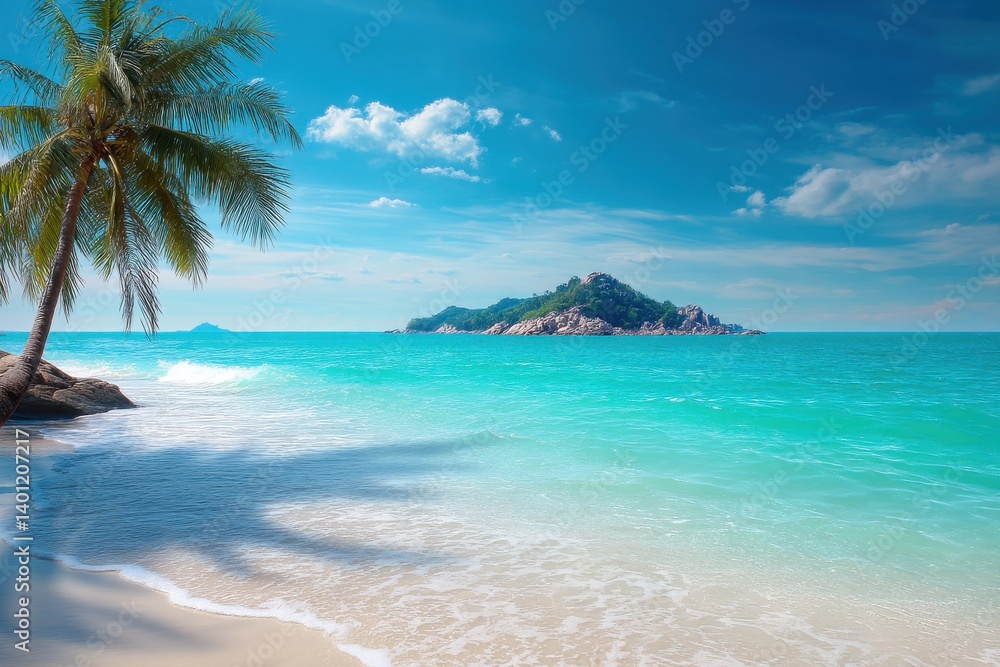 Tropical beach paradise with palm tree.