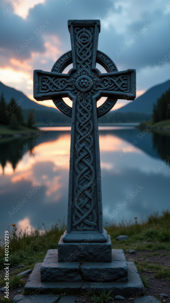 A Celtic cross stands tall against a backdrop of misty mountains and a serene lake at sunset. A Celtic cross stands tall against a backdrop of misty mountains and a serene lake at sunset.