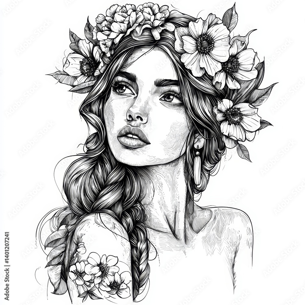 Fototapeta premium Elegant woman with floral crown and intricate braid, representing beauty and nature in a delicate artistic style