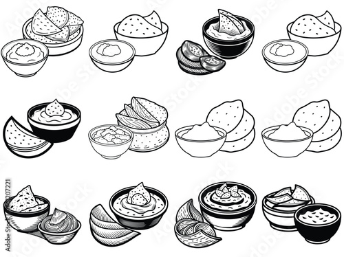 Hummus with pita outline vector illustration isolated on white background.