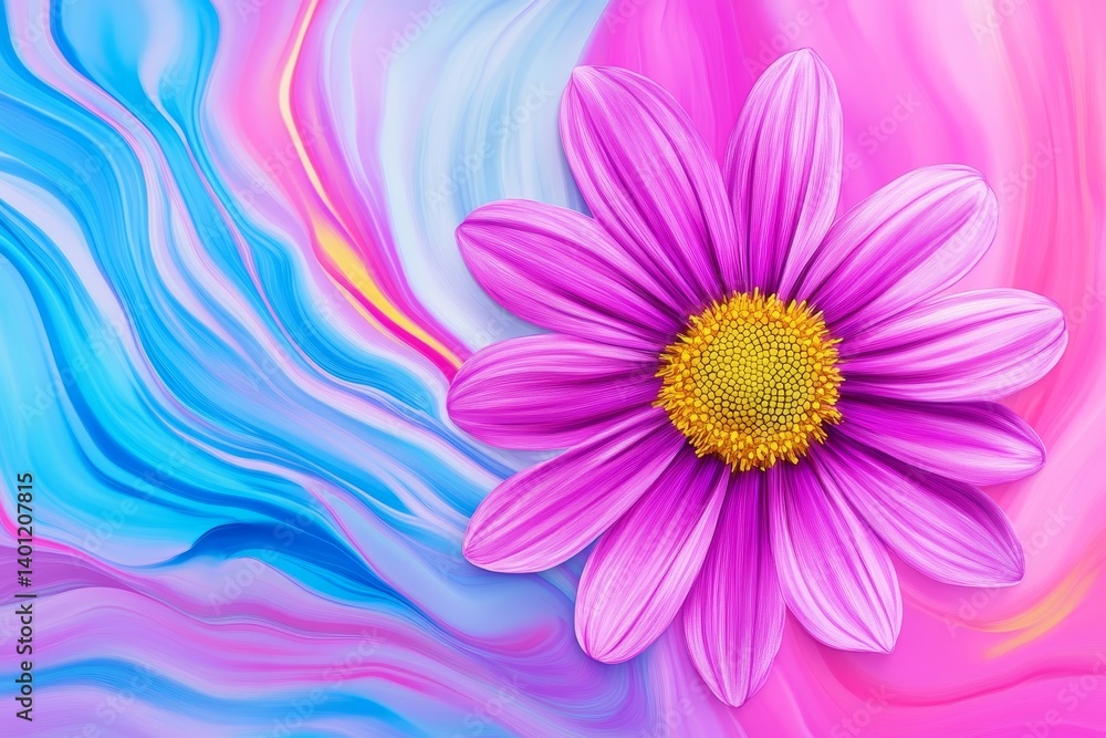 Obraz premium Vibrant Pink Flower on Abstract Background - Close-up of a vibrant pink daisy-like flower on an abstract swirl background of pink, blue, and purple hues