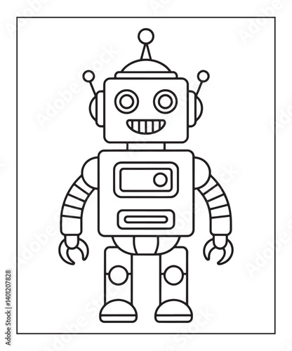 Robot coloring page for kids, black line art vector illustration on white background 