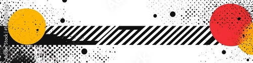 A monochrome Memphis web header with bold black-and-white stripes, negative space, and halftone dots, high-contrast lighting, overhead view, graphic poster style