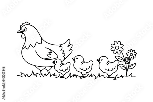 Hen With Chicks In Black And White Line Art Vector Illustration
