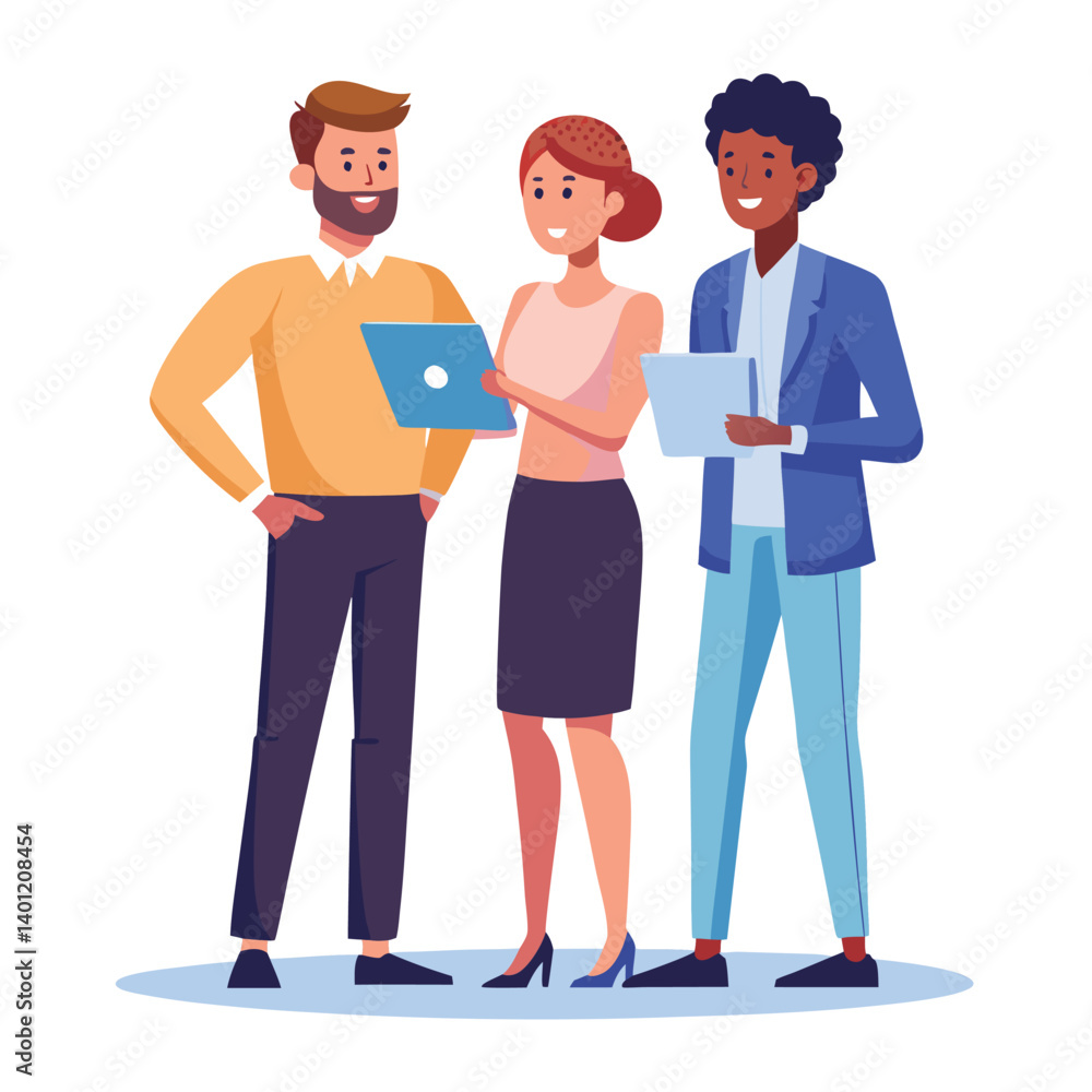 Fototapeta premium three-diverse-business-partners-standing-and-discus vector image on white background