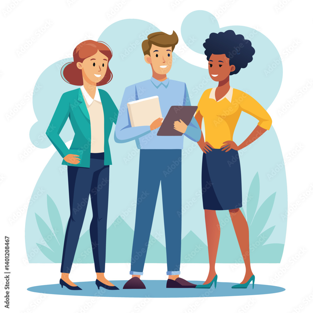 three-diverse-business-partners-standing-and-discus vector image on white background three-diverse-business-partners-standing-and-discus vector image on white background
