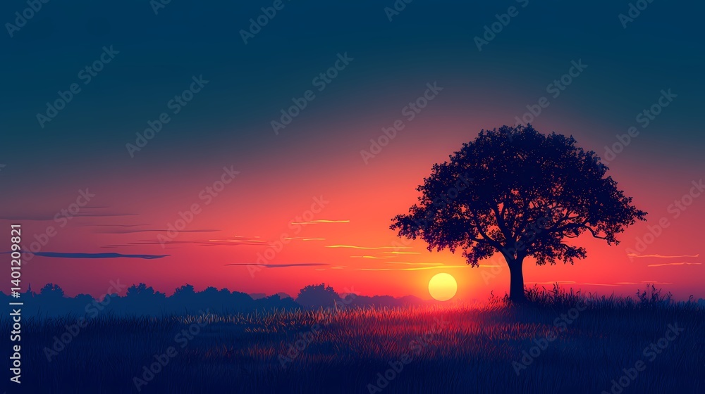 Fototapeta premium Enchanting Sunset Silhouette: Vibrant Colors on the Rural Horizon - Nature's Tranquil Artistic Landscape
