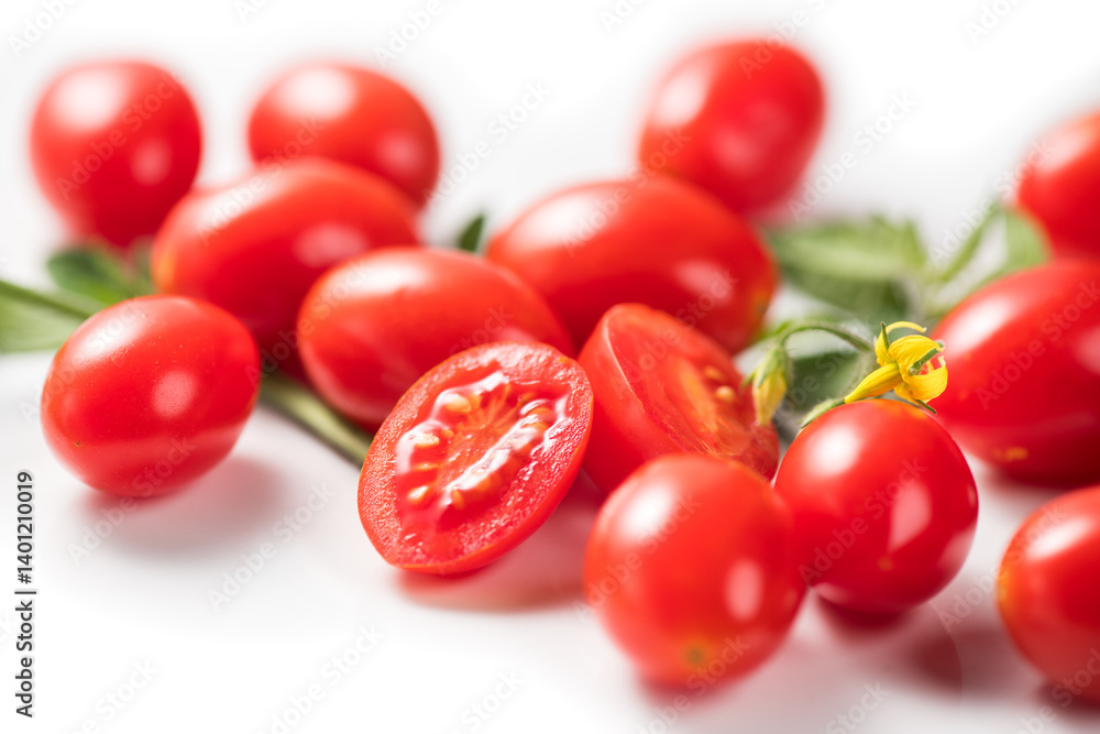 Cherry tomatoes, Fresh Ripe natural little tomatoes close-up. Organic tomato with leaves isolated on white background. Macro shot. Garden, Gardening concept. Ketchup, pasta, sauce ingredient Cherry tomatoes, Fresh Ripe natural little tomatoes close-up. Organic tomato with leaves isolated on white background. Macro shot. Garden, Gardening concept. Ketchup, pasta, sauce ingredient