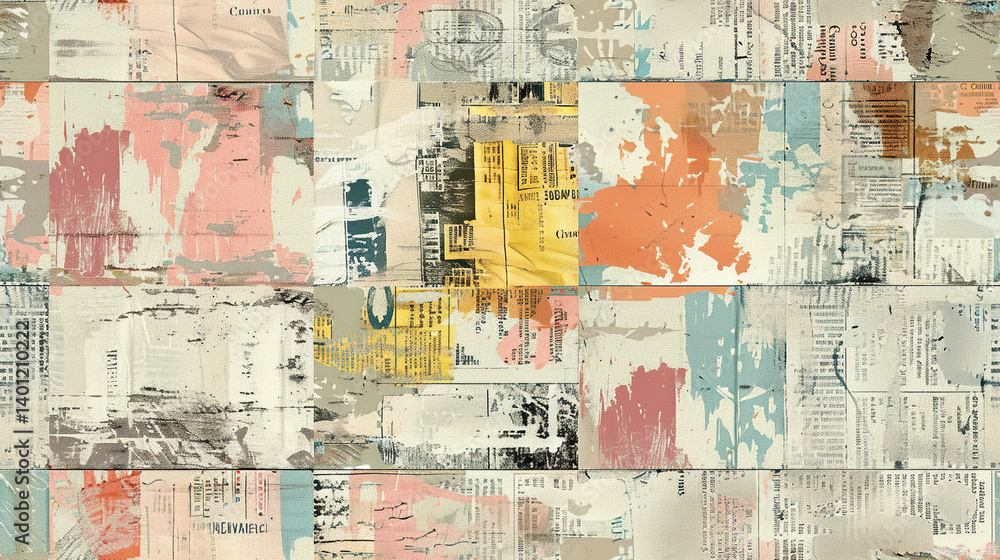Fototapeta premium Seamless retro pattern with Abstract Texture, Vintage Print, Faded Colors, and Collage Layers evokes nostalgic coastal summer vibes.