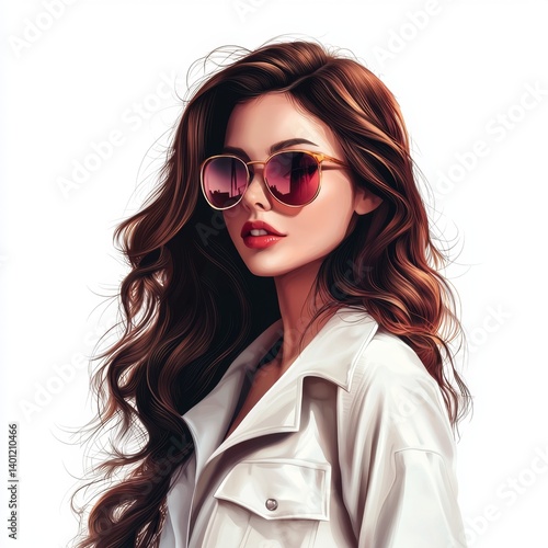 Wallpaper Mural Stylish young woman wearing oversized sunglasses with wavy hair, posing confidently against a minimalist background Torontodigital.ca