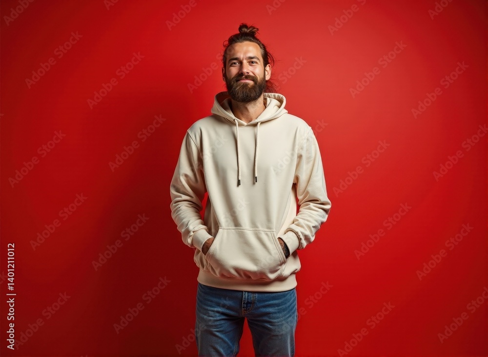 A man with tan skin and a ponytail, wearing a hoodie and jeans, expressing joy, standing in front of a red background, studio lighting, realistic photo. Mockup. A man with tan skin and a ponytail, wearing a hoodie and jeans, expressing joy, standing in front of a red background, studio lighting, realistic photo. Mockup.