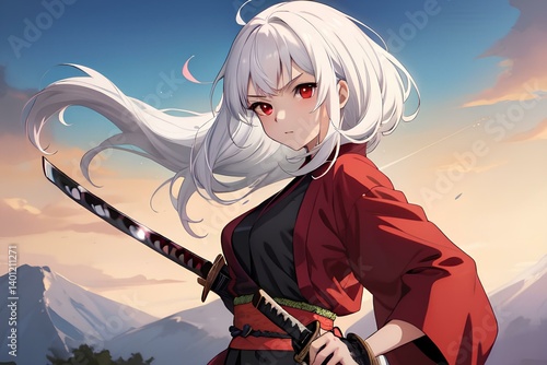 Anime girl with white hair and red eyes with background