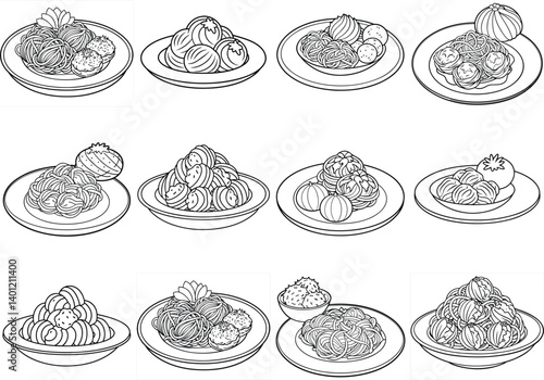 Spaghetti and Meatballs outline vector illustration isolated on white background.