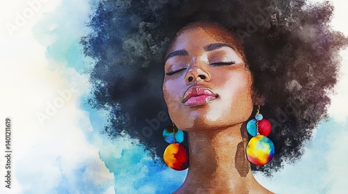 Watercolor Afro Fashion Model Portrait - Serene black woman, afro hairstyle, colorful earrings, watercolor , peaceful expression. Symbolizing beauty, confidence, self-acceptance, grace photo