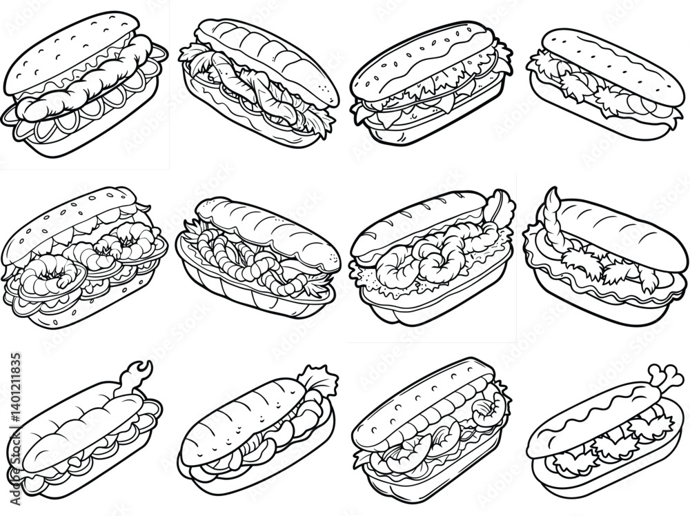 Shrimp po boy sandwich outline vector set isolated on white background. Shrimp po boy sandwich outline vector set isolated on white background.
