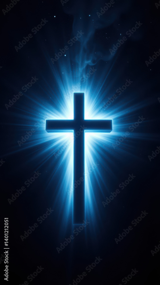 Fototapeta premium A cross radiating with light against a dark background, symbolizing spirituality and hope.