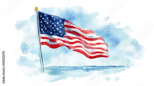Watercolor American Flag Over Ocean - Patriotism, freedom, summer, coastal scene, American pride. A watercolor painting of an American flag waving proudly by the ocean