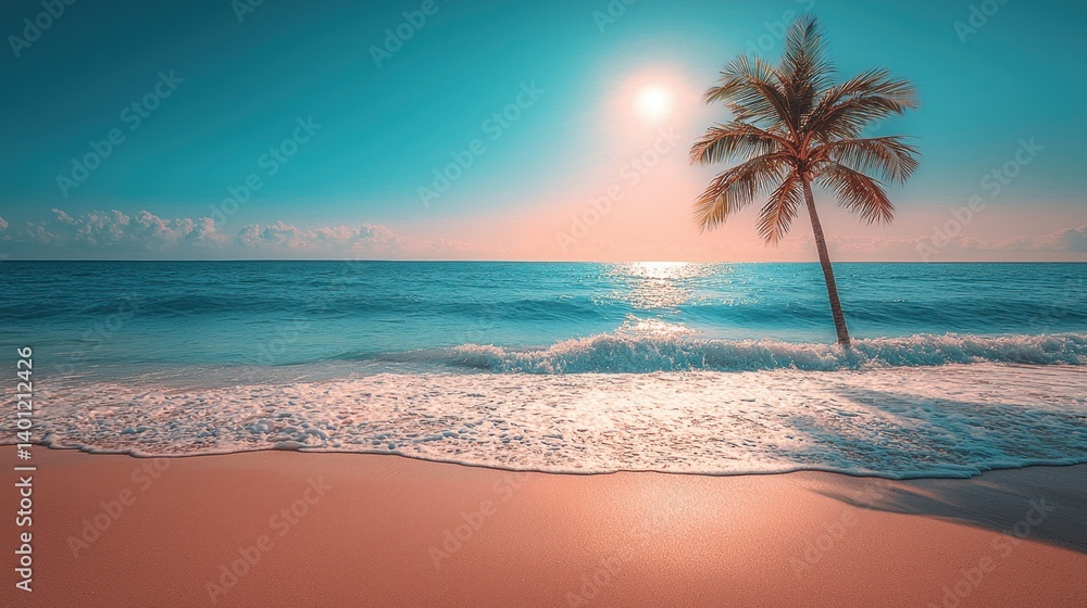 Serene Tropical Sunrise: Palm Tree on Pristine Beach Serene Tropical Sunrise: Palm Tree on Pristine Beach