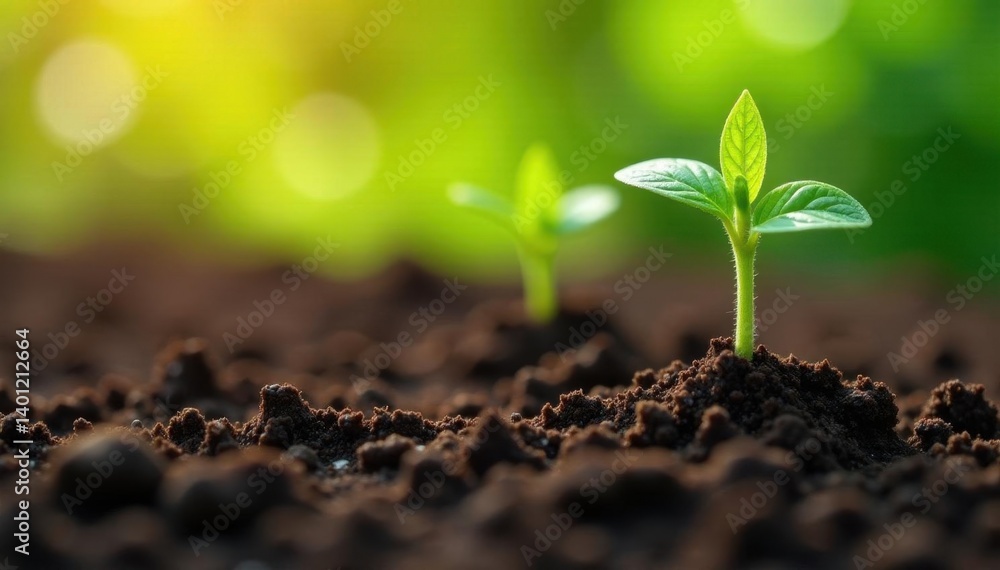 Naklejka premium Close-up of fertilizer granules near tomato seedlings, earth, growth, seedlings