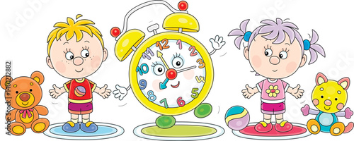 Cartoony alarm clock and happy little children with funny toys doing morning exercises on carpets, vector illustration isolated on a white background