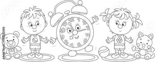 Cartoony alarm clock and happy little children with funny toys doing morning exercises on carpets, black and white outlined vector illustrations for a coloring book