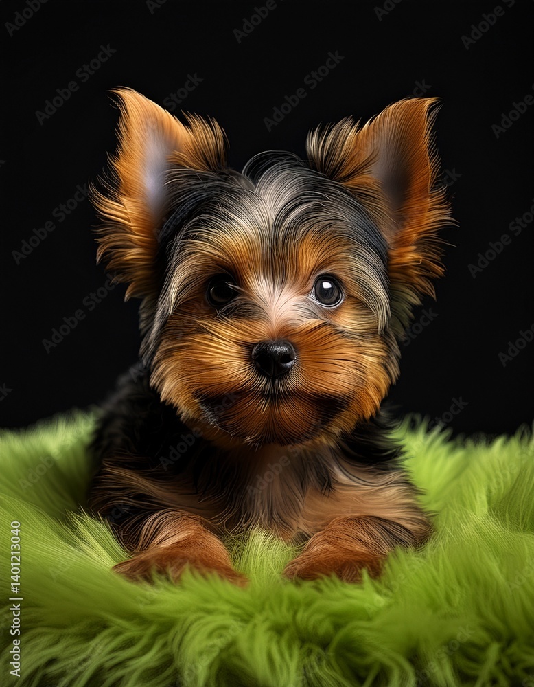 Fototapeta premium Yorkshire Terrier Welpe auf grünem Teppich, schwarzer Hintergrund