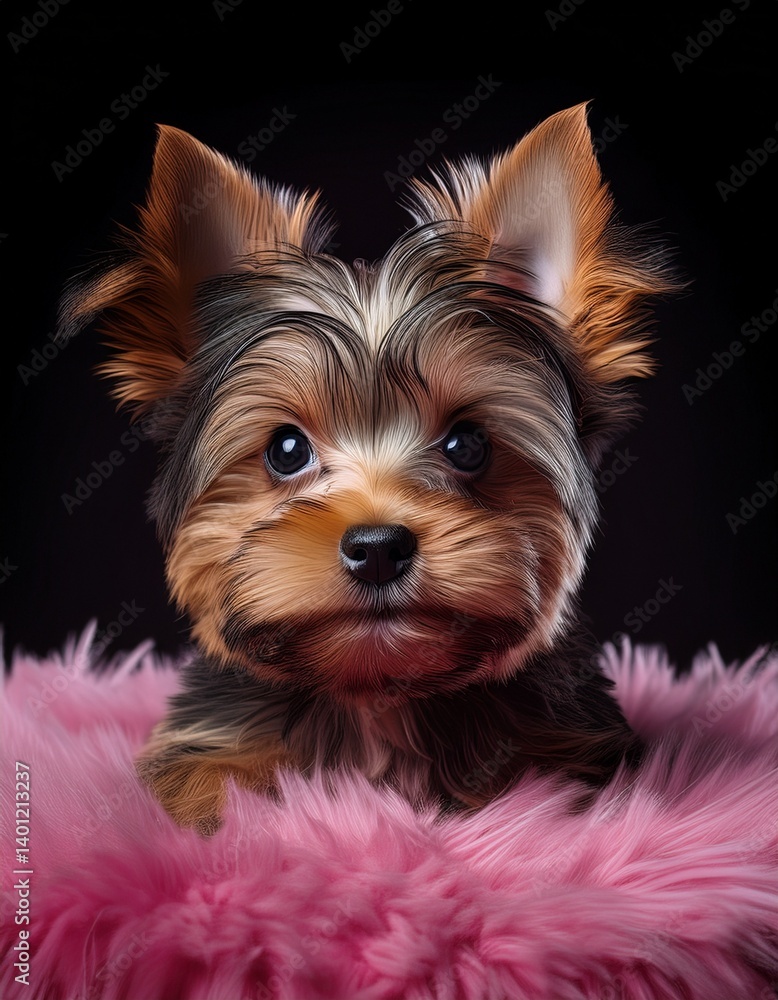 Fototapeta premium Yorkshire Terrier Welpe auf rosa Teppich, schwarzer Hintergrund