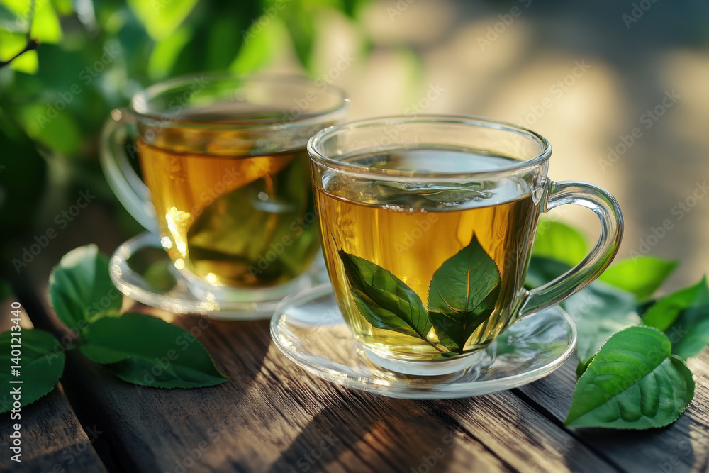 Two cups of green tea with leaves on a wooden table. Two cups of green tea with leaves on a wooden table.