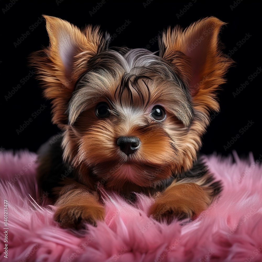 Fototapeta premium Yorkshire Terrier Welpe auf rosa Teppich, schwarzer Hintergrund