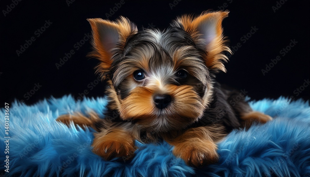 Fototapeta premium Yorshire Terrier auf blauem Teppich, schwarzer Hintergrund