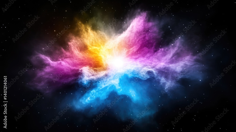 Fototapeta premium Vibrant explosion of colorful nebula in deep space, abstract cosmic art with bright hues of pink, yellow, blue, and purple, and ethereal composition.