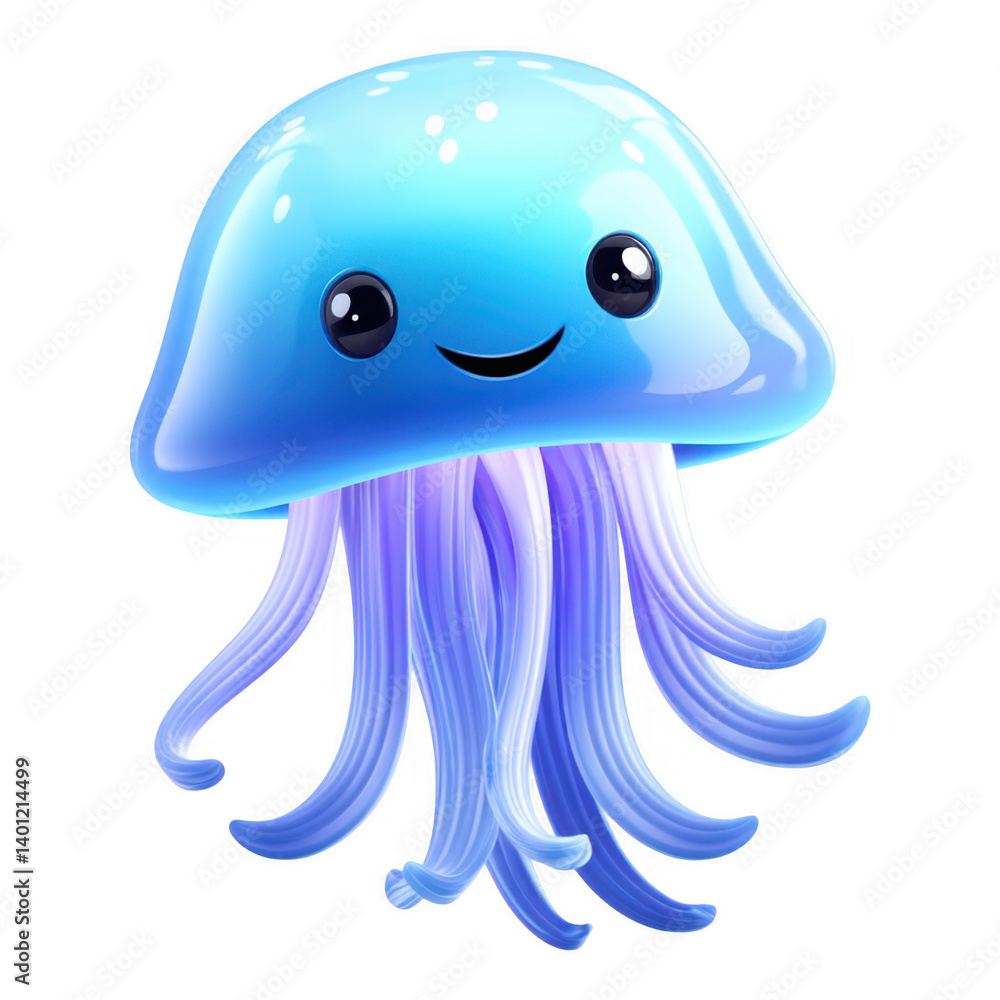 Fototapeta premium 3D Cartoon Illustration of a Close-Up of Serene Glowing Jellyfish in Tranquil Water, Isolated on Transparent Background
